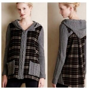 Moth Anthropologie Hooded Cardigan Womens Large Grey Plaid Wool Blend Excellent